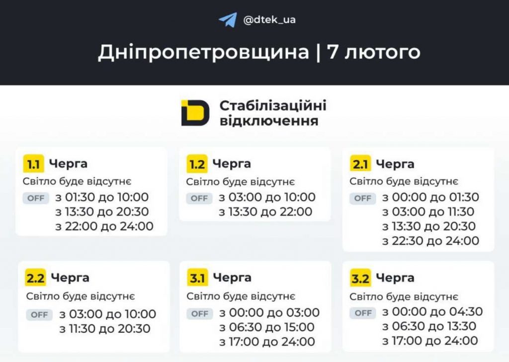 Коли не буде електрики в Дніпрі та області 7 лютого 2026: оновлені графіки відключень