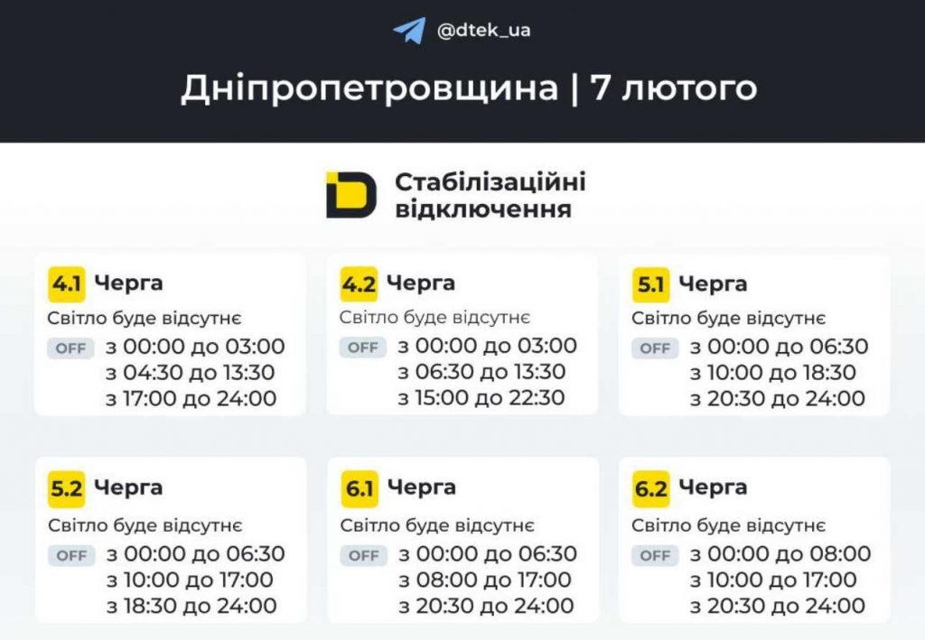 Коли не буде електрики в Дніпрі та області 7 лютого 2026: оновлені графіки відключень