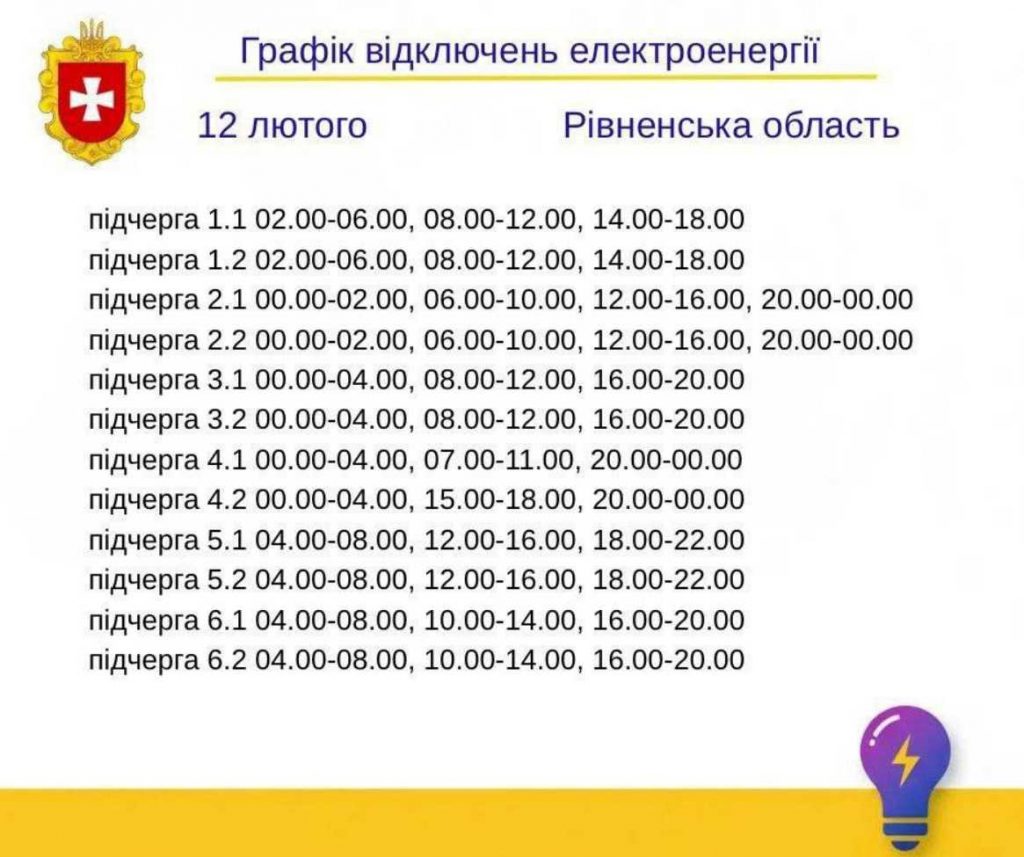 Планові відключення світла у Рівному та області: графік на 12 лютого 2026