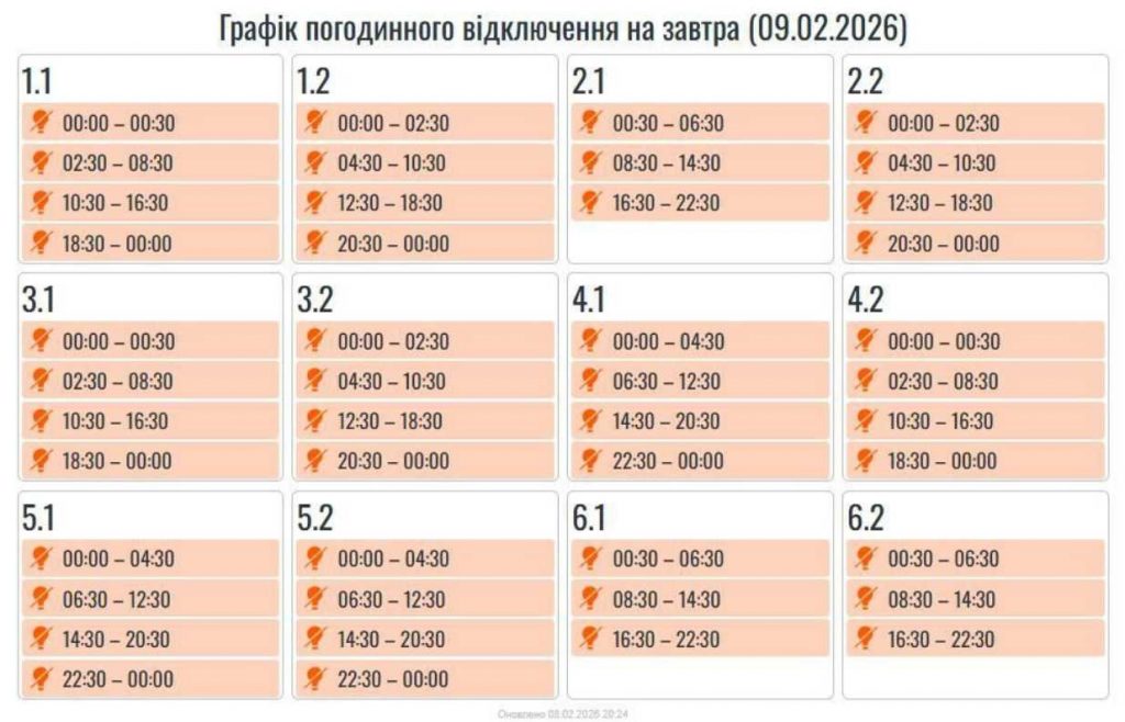 Відключення світла в Івано-Франківську та області: розклад на 9 лютого 2026