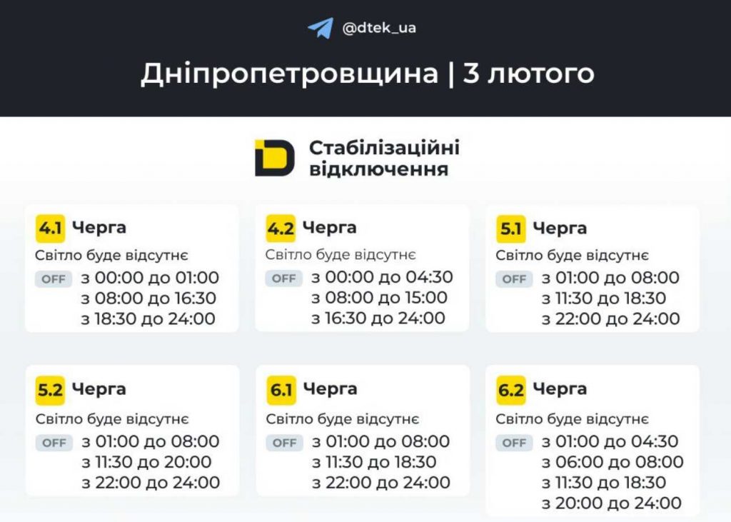 Графік планових відключень світла в Дніпрі та області 3 лютого 2026