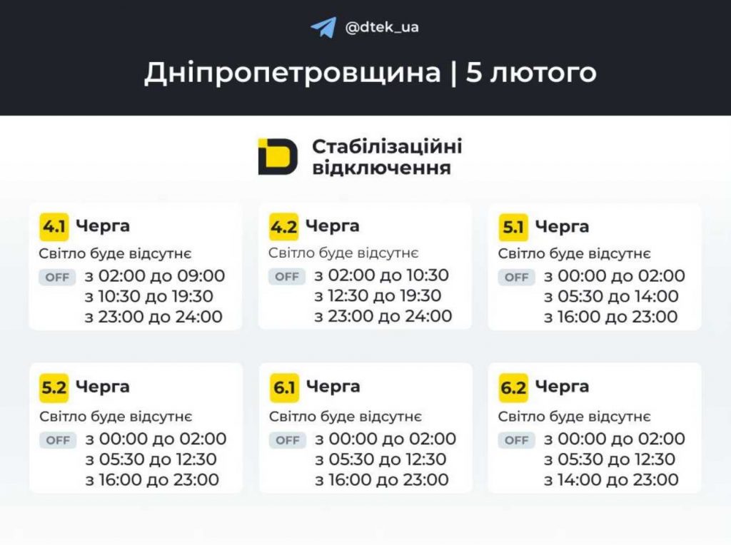 Коли відключатимуть електроенергію 5 лютого 2026 в Дніпрі та області: оновлені графіки