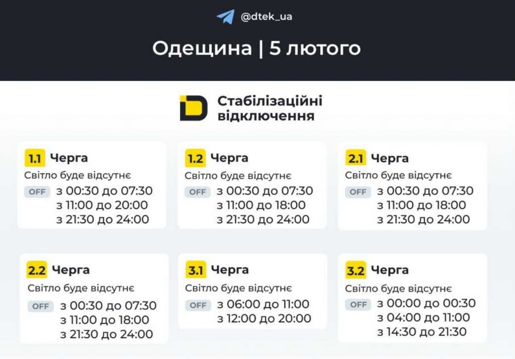 Одеса та область: планові відключення електроенергії 5 лютого 2026