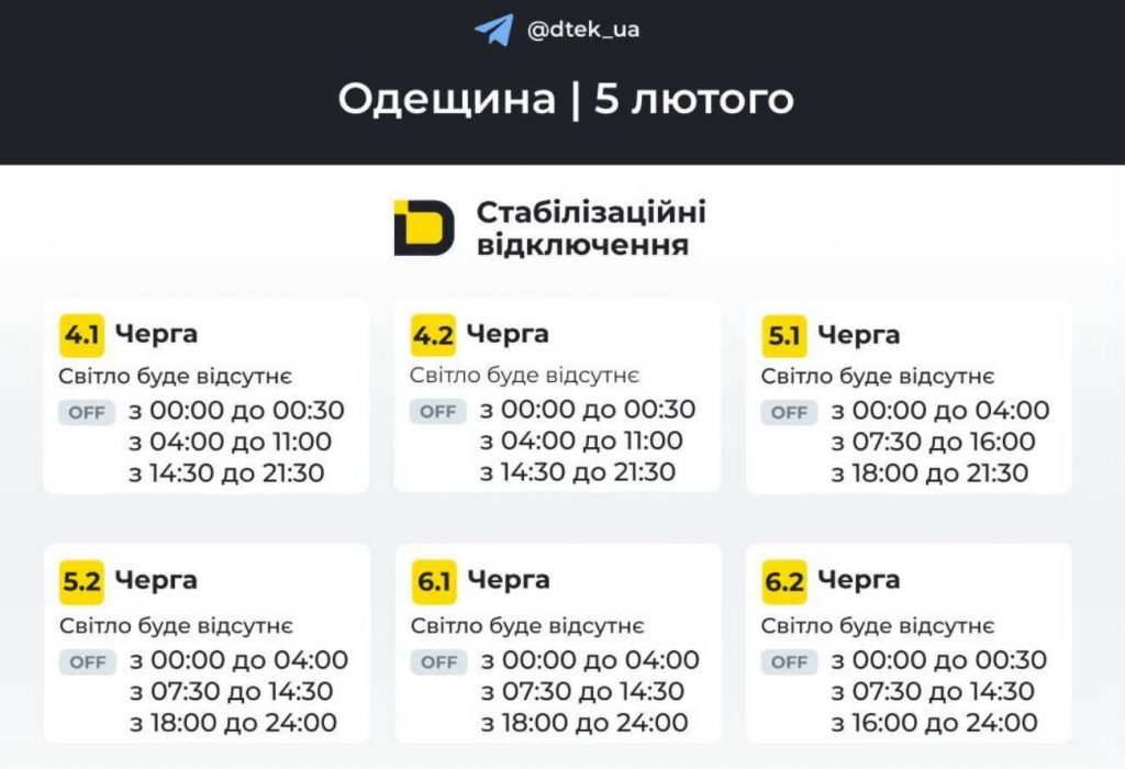 Одеса та область: планові відключення електроенергії 5 лютого 2026