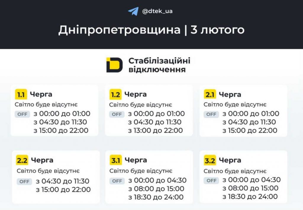 Графік планових відключень світла в Дніпрі та області 3 лютого 2026