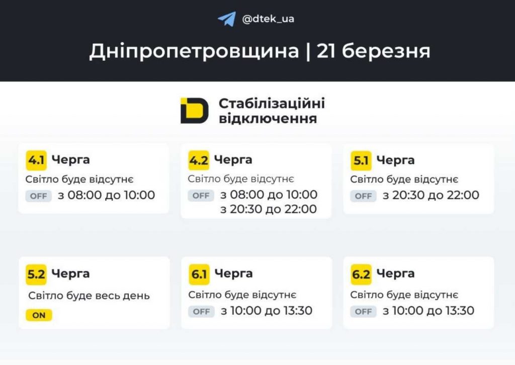 Відключення електроенергії у Дніпрі та області: графік на 21 березня 2026