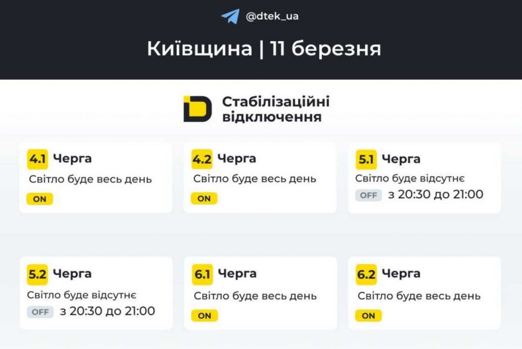 Де і коли не буде світла у Києві та області 11 березня 2026 року: оновлений графік