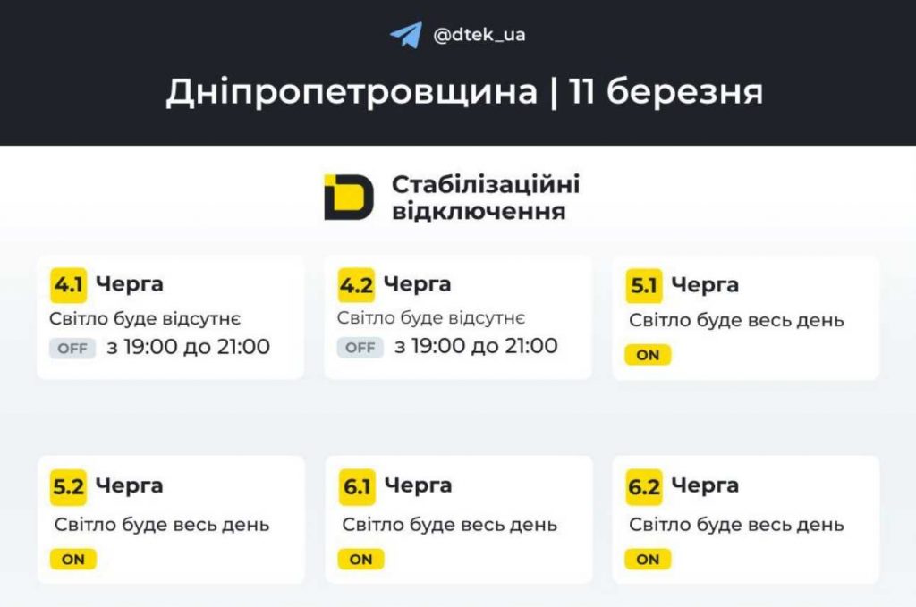 Відключення електроенергії у Дніпрі та області: графік на 11 березня 2026