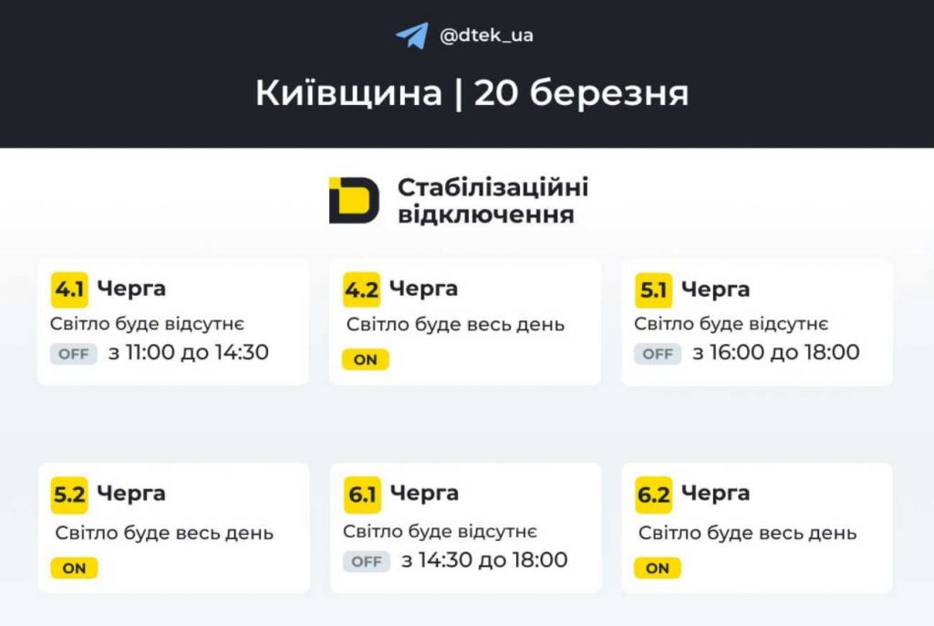 Де і коли не буде світла у Києві та області 20 березня 2026 року: оновлений графік