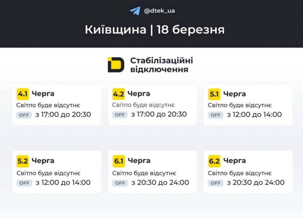 Де і коли не буде світла у Києві та області 18 березня 2026 року: оновлений графік