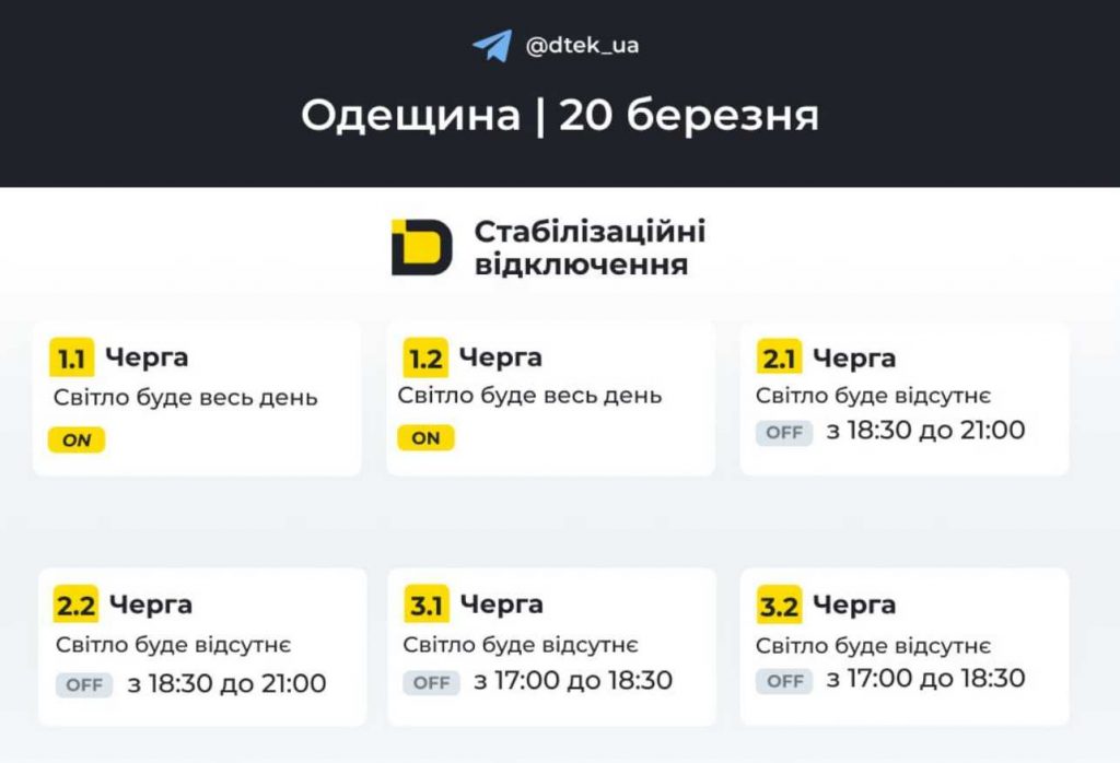 Коли вимикатимуть світло у Одесі та області 20 березня 2026: новий графік