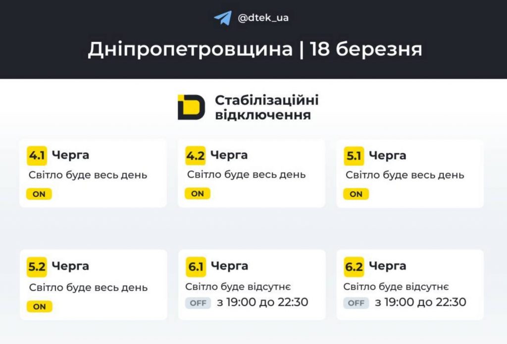 Відключення електроенергії у Дніпрі та області: графік на 18 березня 2026