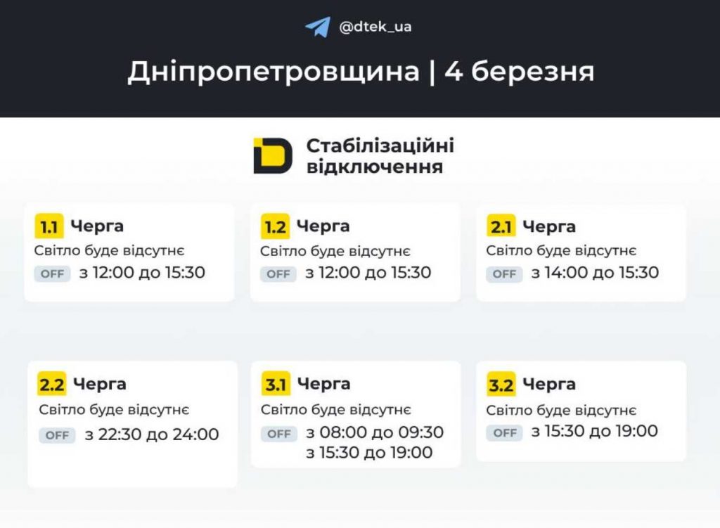 Відключення електроенергії у Дніпрі та області: графік на 4 березня 2026