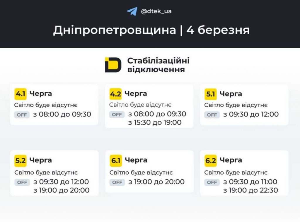 Відключення електроенергії у Дніпрі та області: графік на 4 березня 2026