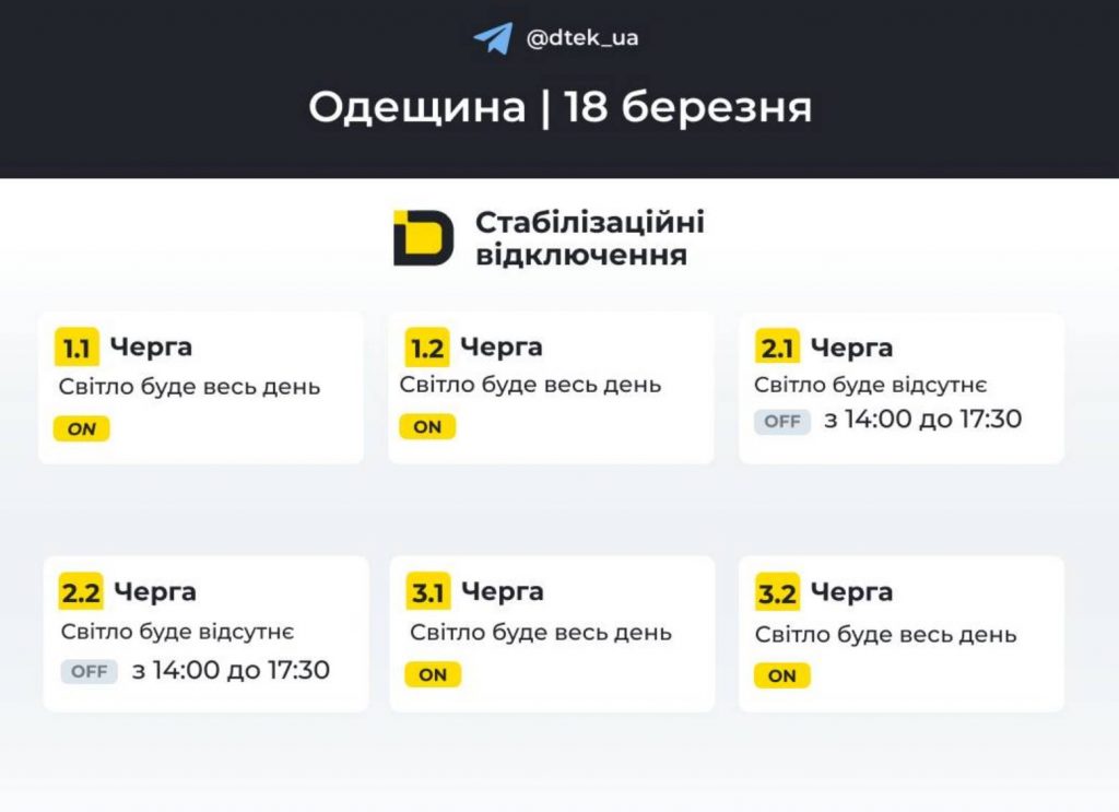 Оновлені графіки відключень електроенергії у Одесі та області 18 березня 2026