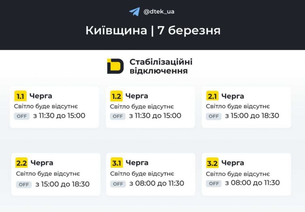 Де і коли не буде світла у Києві та області 7 березня 2026 року: оновлений графік