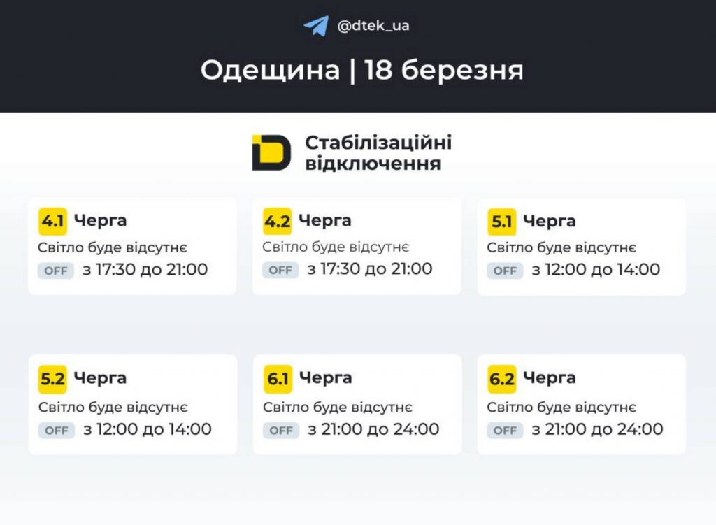 Оновлені графіки відключень електроенергії у Одесі та області 18 березня 2026