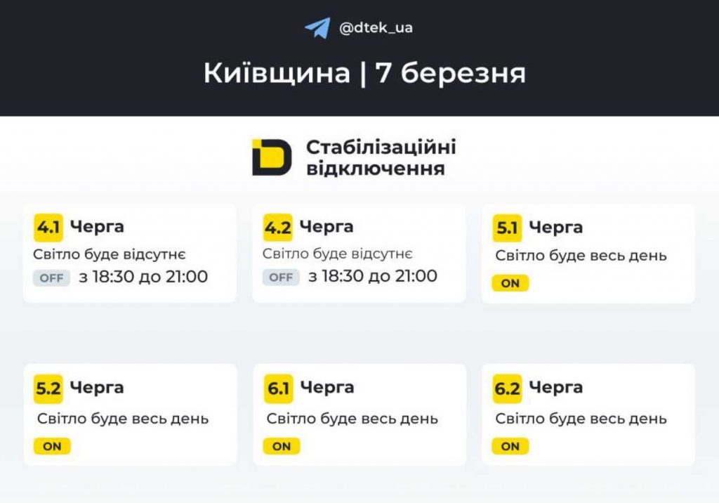 Де і коли не буде світла у Києві та області 7 березня 2026 року: оновлений графік
