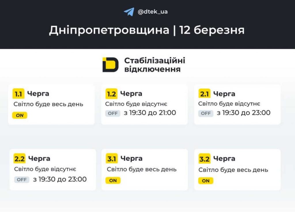 Відключення електроенергії у Дніпрі та області: графік на 12 березня 2026