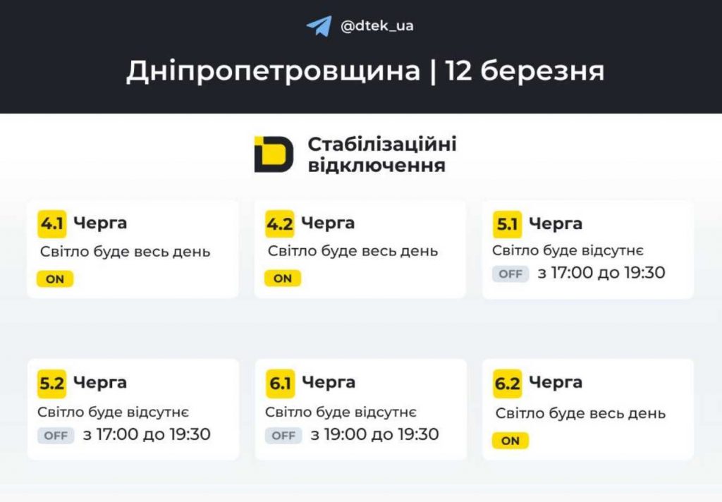 Відключення електроенергії у Дніпрі та області: графік на 12 березня 2026