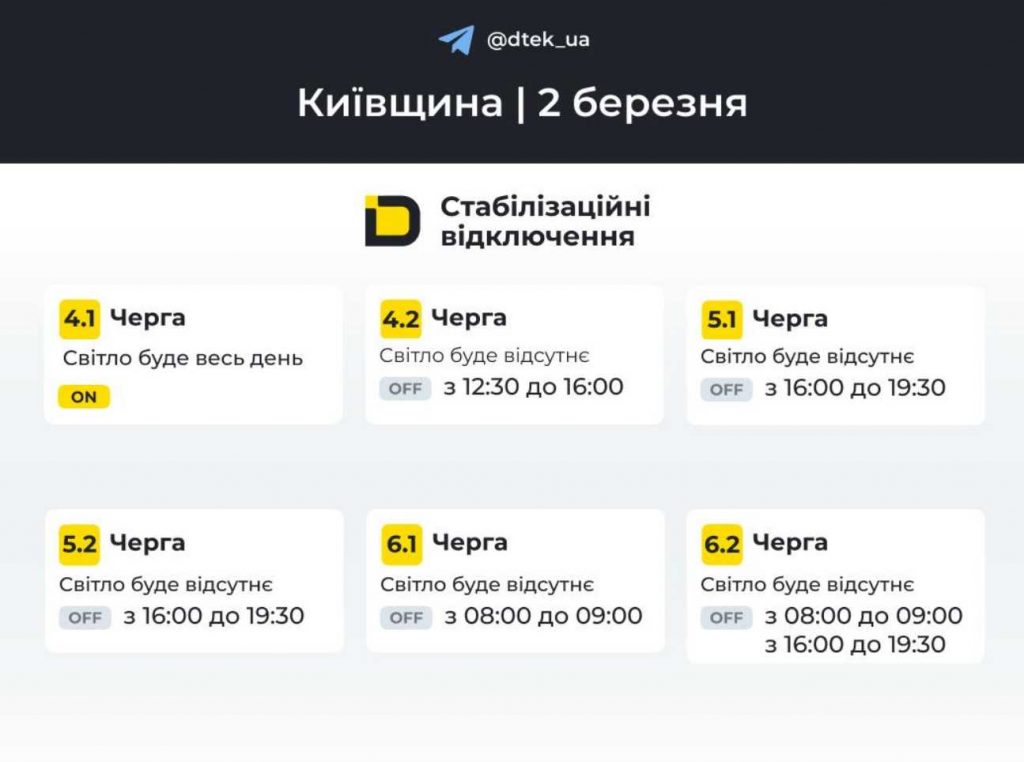 Де і коли не буде світла у Києві та області 2 березня 2026: оновлений графік