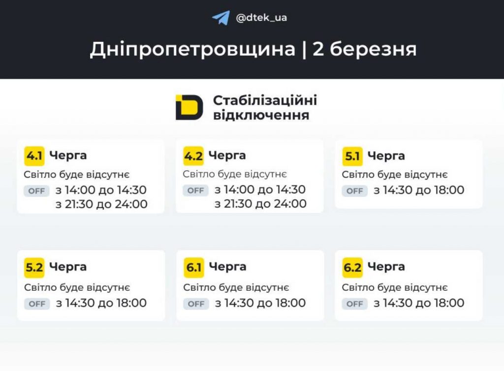 Відключення електроенергії у Дніпрі та області: графік на 2 березня 2026