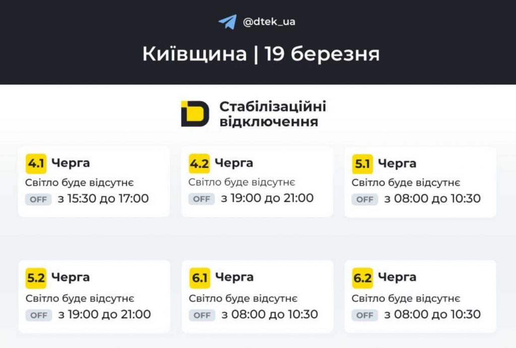 Де і коли не буде світла у Києві та області 19 березня 2026 року: оновлений графік