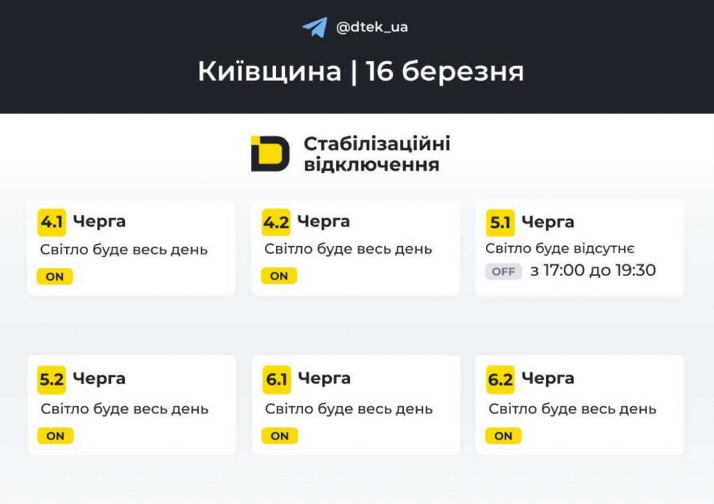 Де і коли не буде світла у Києві та області 16 березня 2026 року: оновлений графік