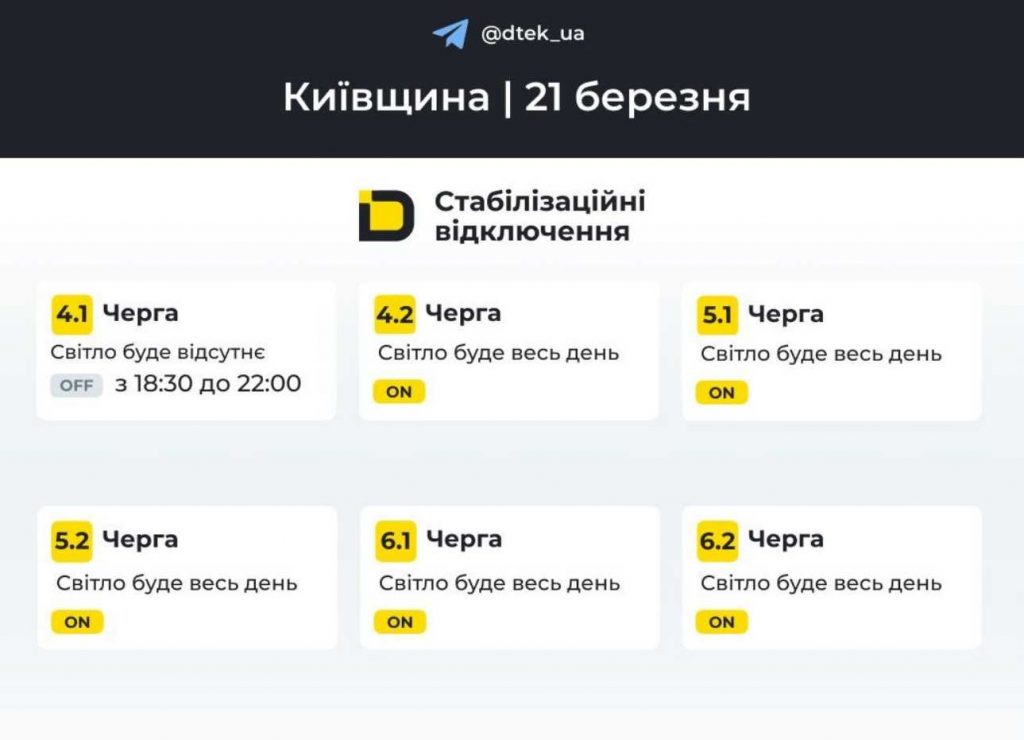 Де і коли не буде світла у Києві та області 21 березня 2026 року: оновлений графік