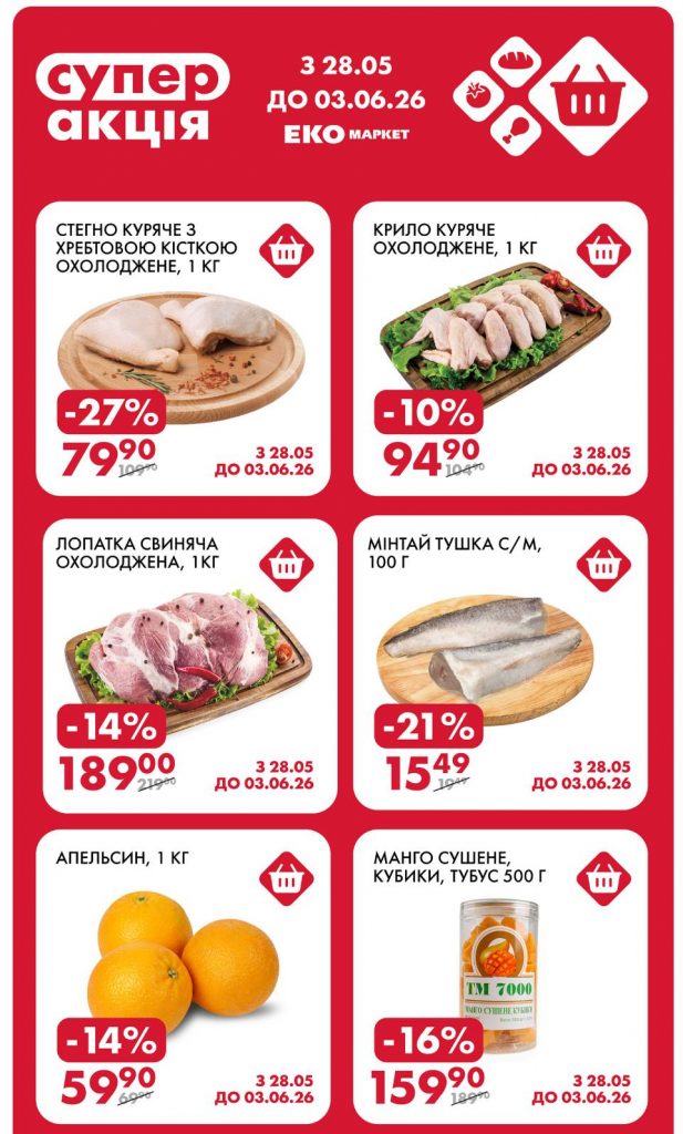 СУПЕР АКЦІЯ в Екомаркет з 28.04 по 03.05 2026: які продукти можна придбати з вигідними знижками