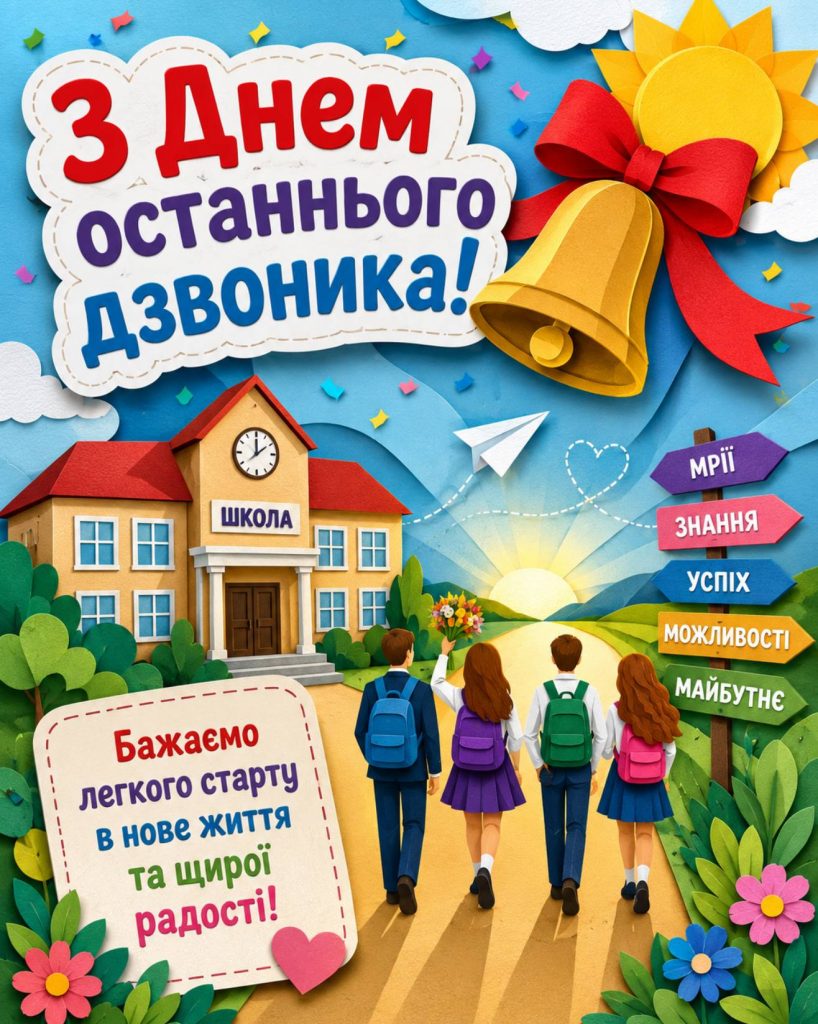 29 травня 2026 — День останнього дзвоника: привітання яскравим листівками, картинками, віршами і прозою
