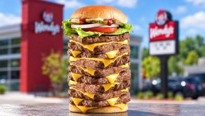 Wendy’s повернула T-Rex Burger із дев’ятьма котлетами за $29,99. У США запустили челендж: з’їсти гігантський бургер за дев’ять хвилин і отримати приз.